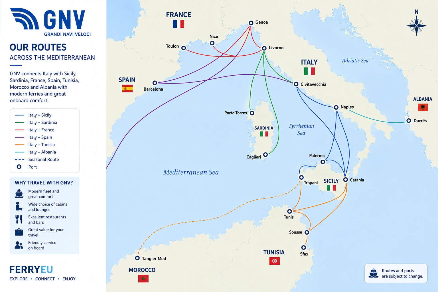 Grandi Navi Velocin (GNV) reittikartta